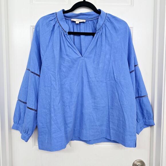LOFT Women's Boho Linen Blend Top Sz L Blue V-Neck Cutout Lightweight 3/4 Sleeve - Picture 3 of 9